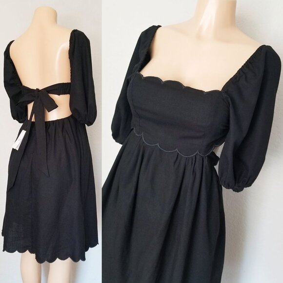 NEW O.P.T. Black April Dress Scalloped Open Back Cutout Dress S Puff Sleeve $179 - Picture 7 of 16